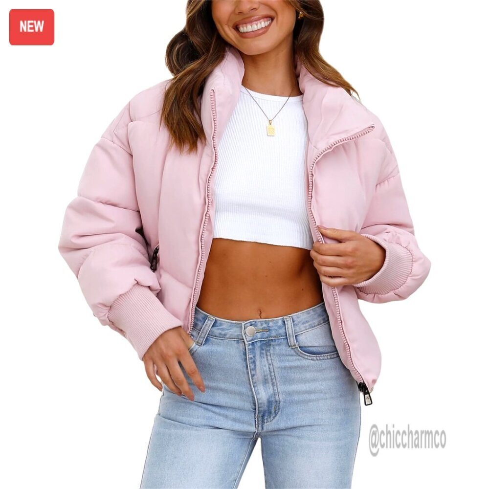 Cropped Puffer Jacket Oversized Quilted Padded Winter Outerwear Coat